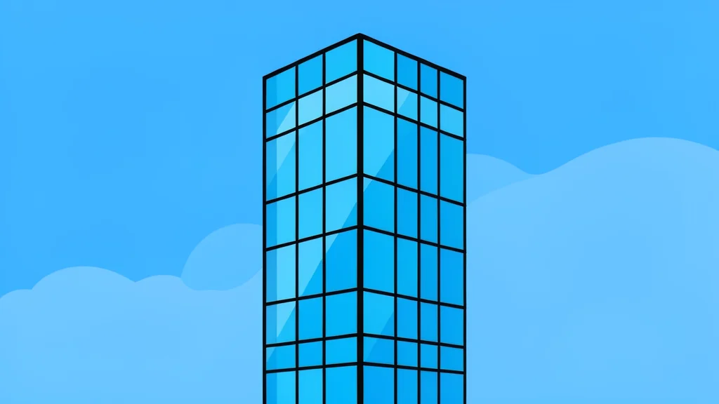 A modern glass skyscraper facade reflecting a blue sky