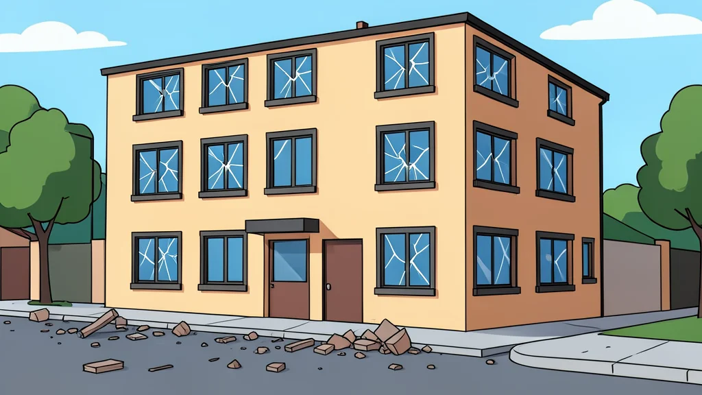 A residential building with shattered windows and debris scattered on the street