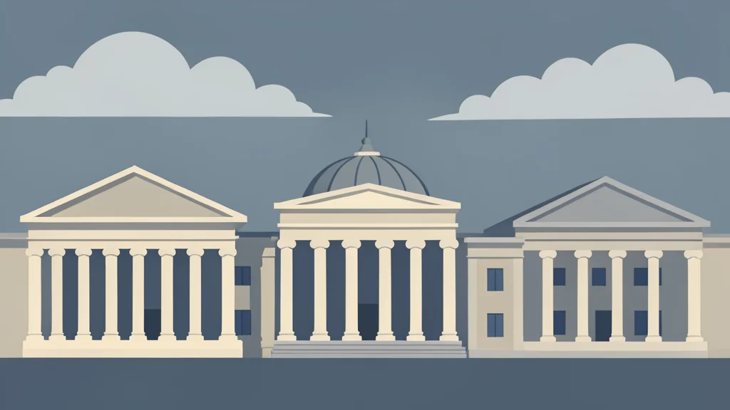 A row of classical bank buildings with columns and domes under a cloudy sky
