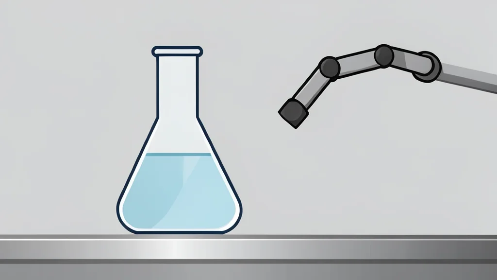 A glass laboratory flask containing a clear liquid sitting on a stainless steel workbench next to a robotic arm.