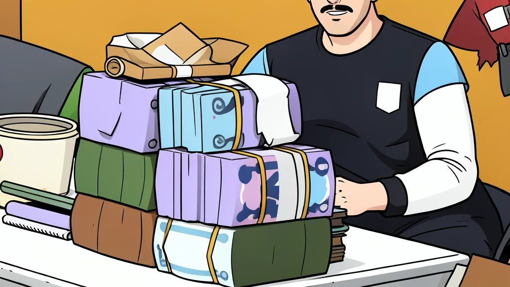 A stack of paper banknotes resting on a wooden desk next to a glass of water