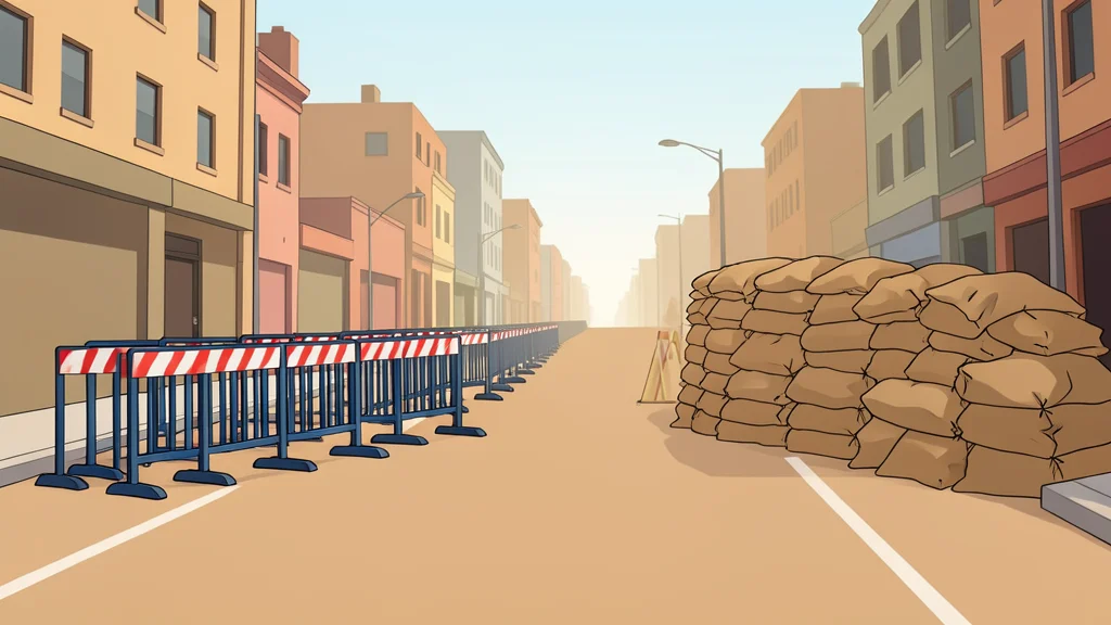 A row of police barricades and a sandbagged checkpoint in a dusty urban street