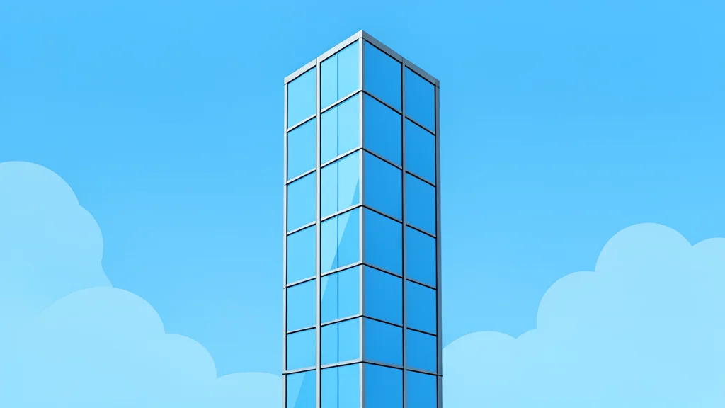 A modern glass skyscraper reflecting a clear blue sky