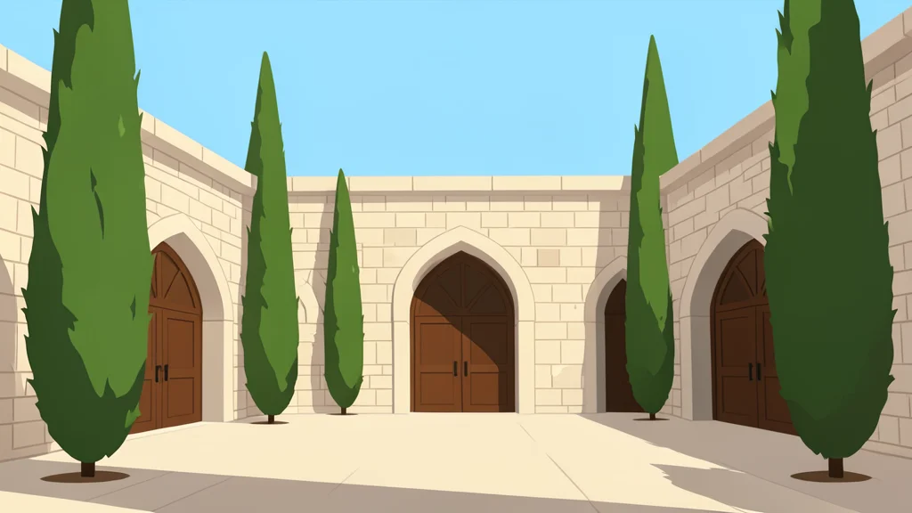 A quiet, sunlit courtyard of a traditional mosque with arched doorways and stone walls, surrounded by tall cypress trees.