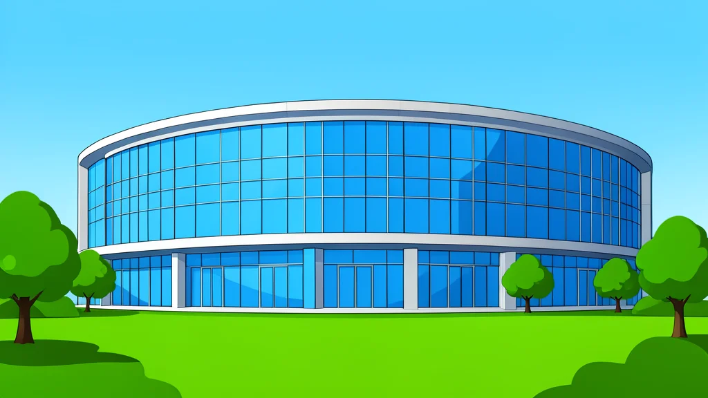 A modern glass and steel conference building with a curved facade surrounded by manicured green lawns and trees under a clear sky.