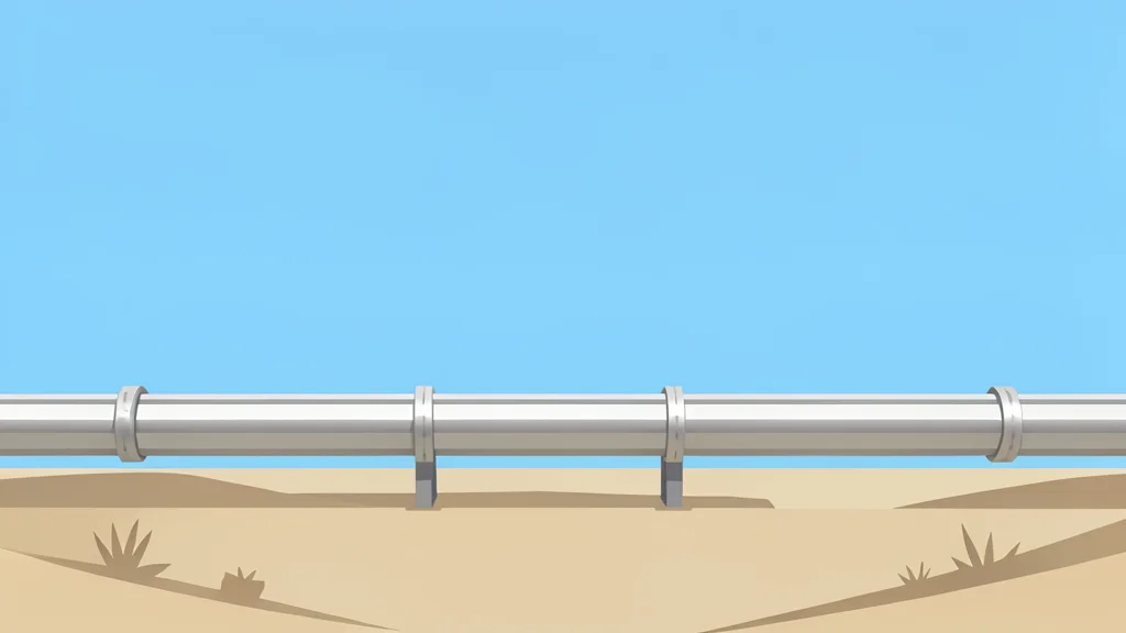 A long silver metal pipeline stretching across a flat arid landscape under a clear sky.