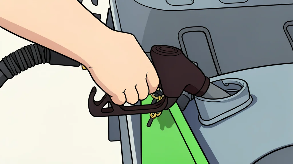 A fuel pump nozzle resting on a concrete surface next to a row of parked cars