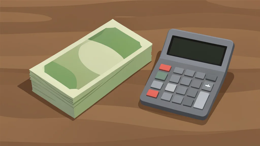 A stack of paper currency and a calculator on a wooden desk