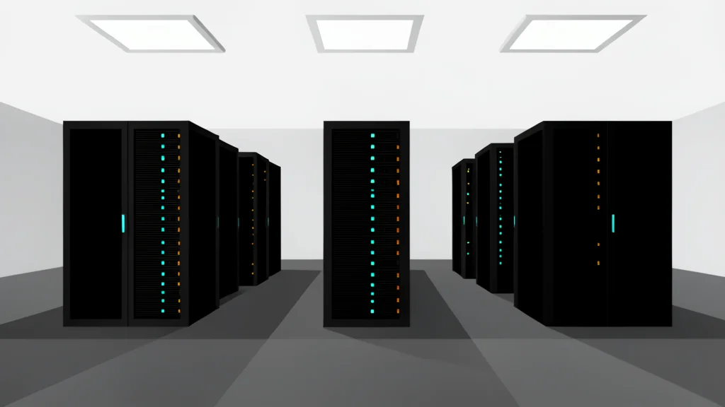 A server room with rows of black computer towers and blinking status lights