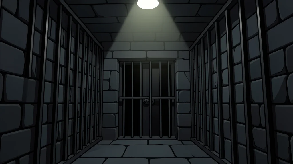 A dark, narrow stone corridor with heavy iron bars and a single barred door, illuminated by a harsh, flickering light source from above.