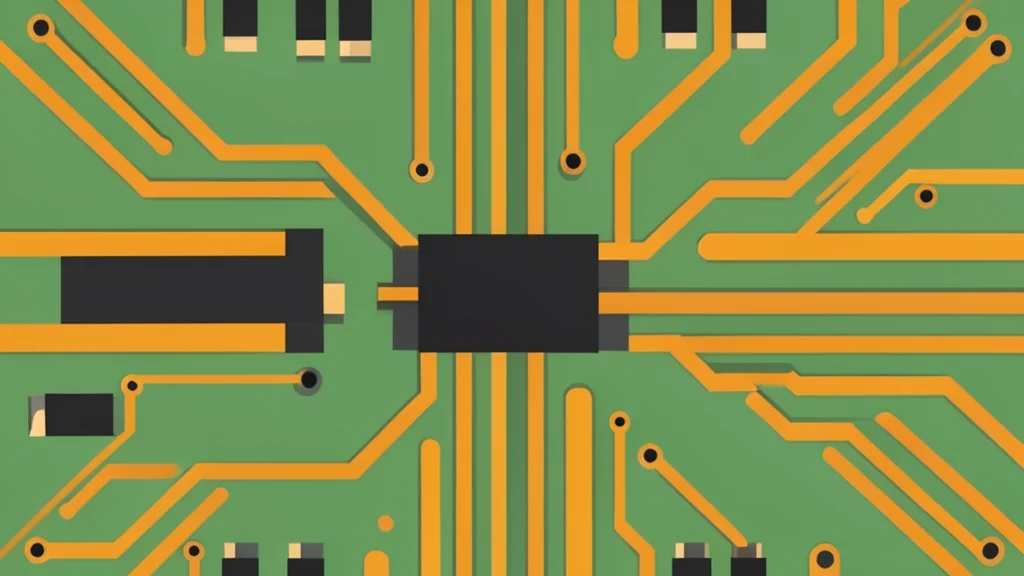 A close-up view of a complex circuit board with intricate copper pathways and small black rectangular components