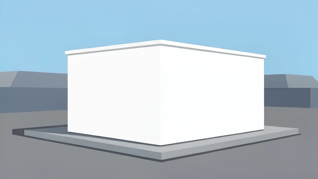 A large, white, rectangular battery storage container sitting on a concrete pad in an industrial yard.