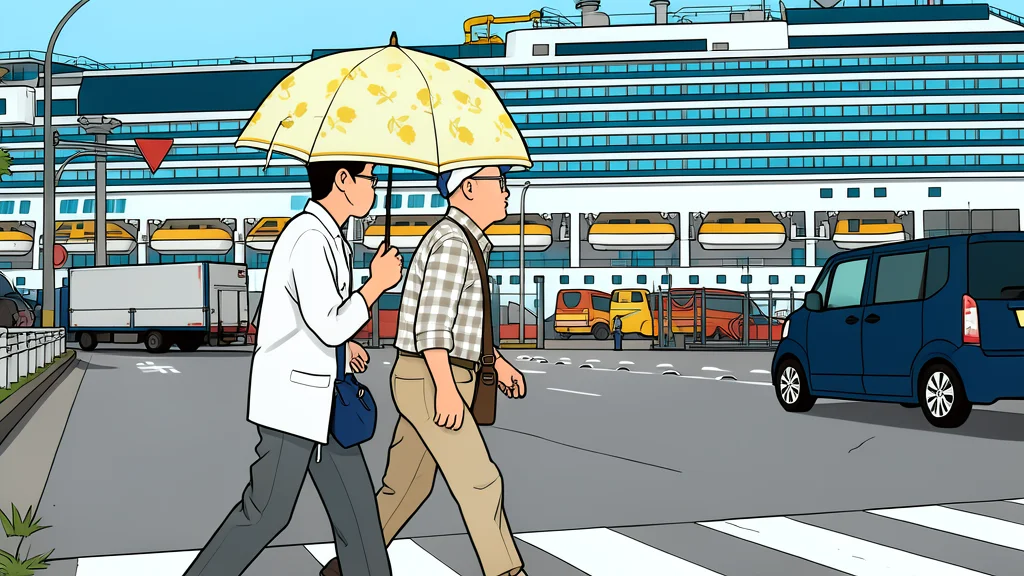 A large cruise ship docked at a harbor next to a row of temporary shipping container structures