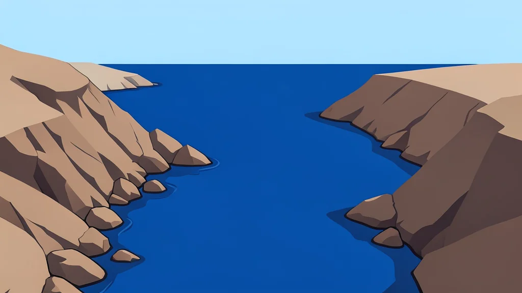 A rocky coastline meeting the deep blue waters of the Red Sea near a narrow strait