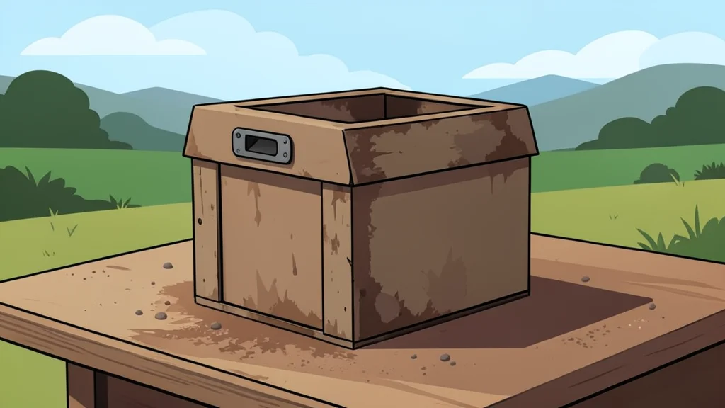 A weathered wooden ballot box sits on a rough table in a dry, open field.