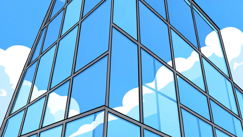 A modern glass office building facade reflecting the sky