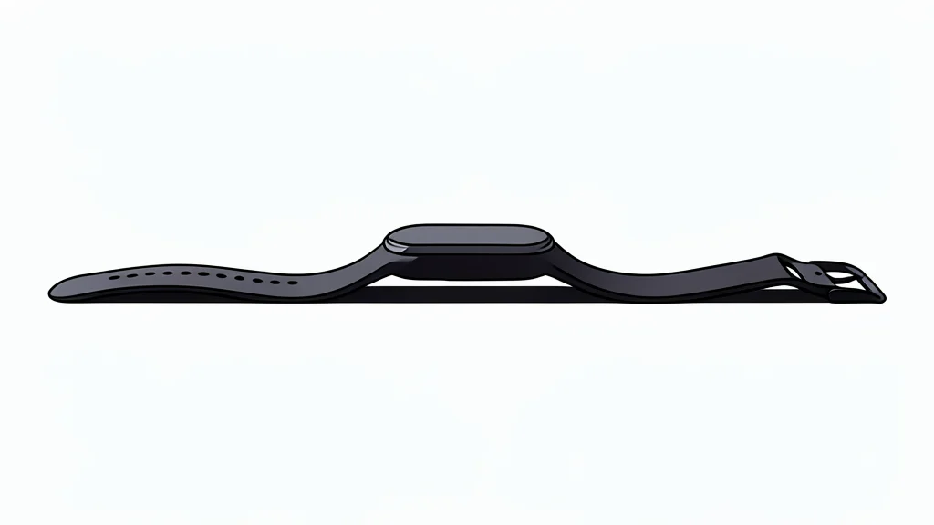 A sleek, rectangular fitness tracker with a dark screen resting on a wooden surface next to a charging cable.