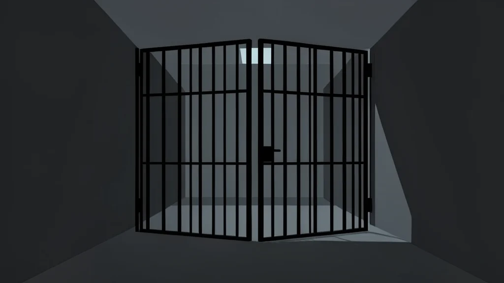 A heavy iron gate of a prison cell standing open in a dimly lit corridor