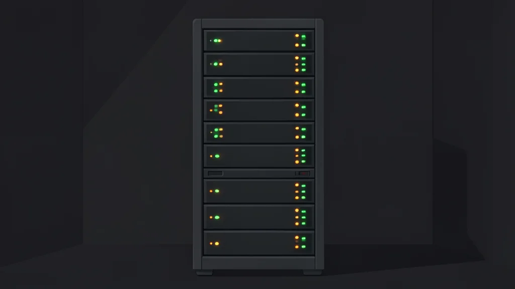 A server rack with blinking status lights in a dimly lit data center