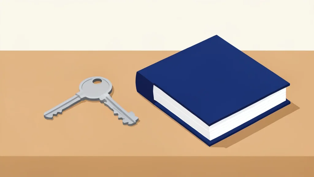 A single house key resting on a wooden table next to a closed book