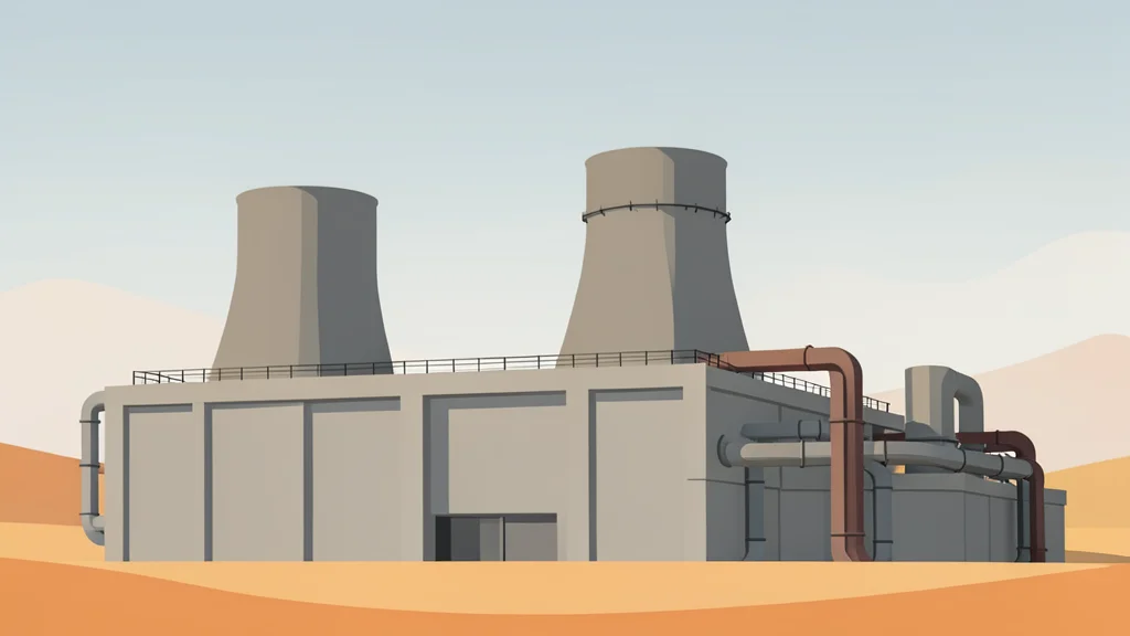 A flat-vector illustration of a desert landscape featuring a large industrial concrete structure with cooling towers and pipes under a hazy sky.