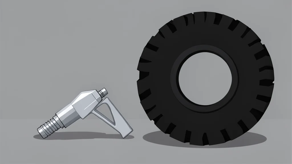A fuel pump nozzle resting on a concrete surface next to a large diesel truck tire