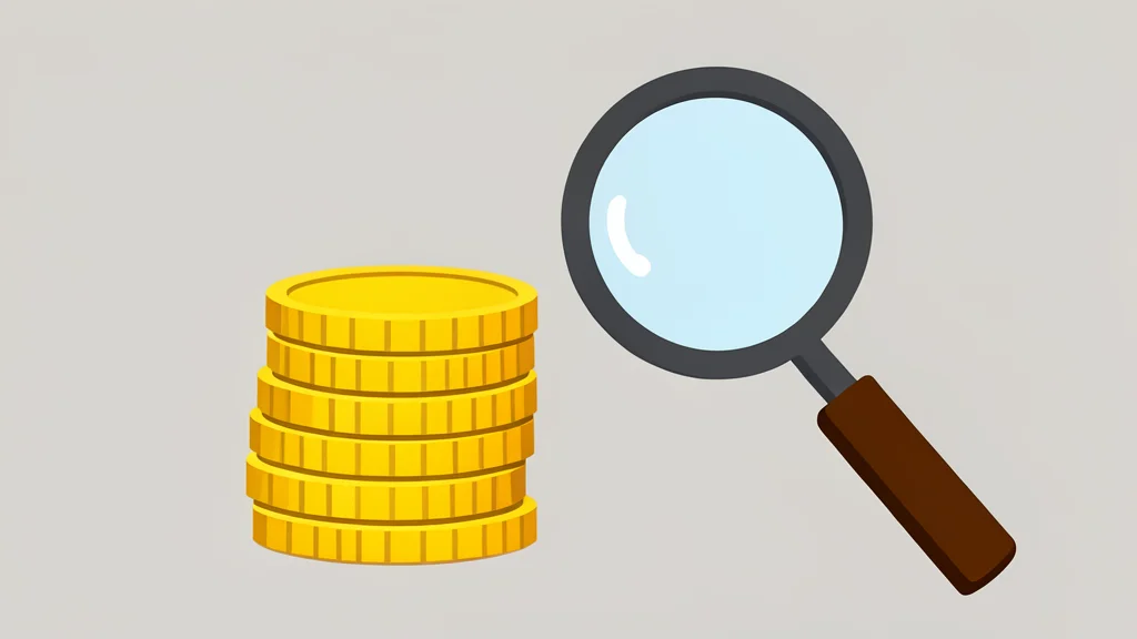 A stack of gold coins next to a magnifying glass
