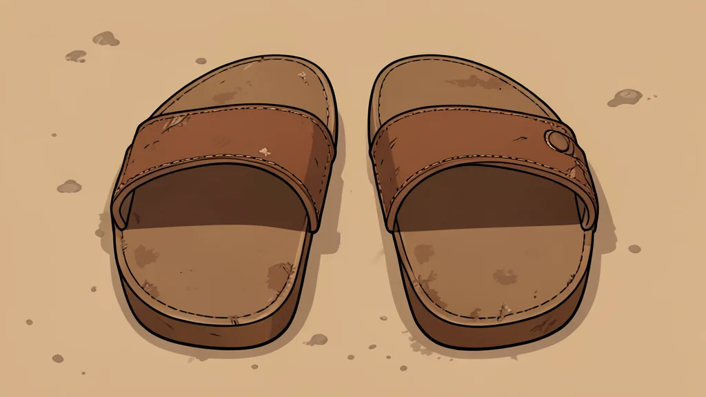 A pair of worn leather sandals placed side by side on dusty ground