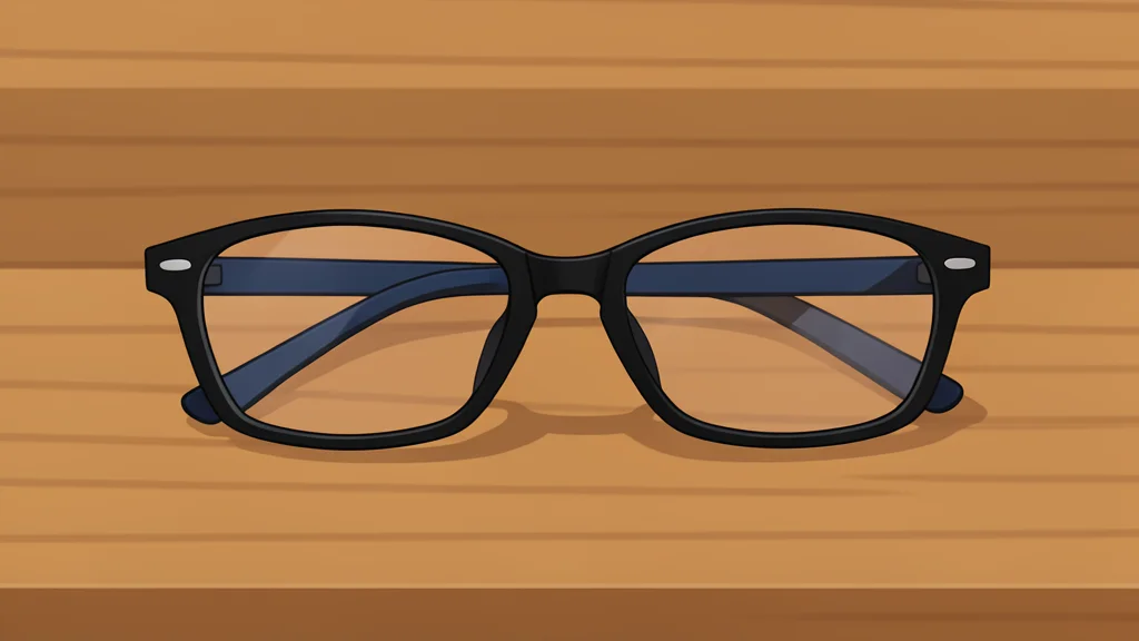 A pair of sleek, modern eyeglasses resting on a wooden desk surface