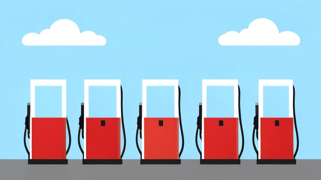A row of fuel pumps at a gas station under a clear blue sky