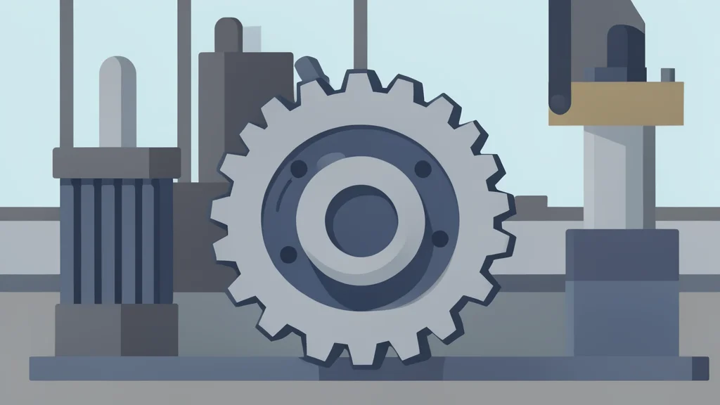 A close-up view of a heavy-duty industrial gear mechanism with interlocking metal teeth and hydraulic pistons in a factory setting.