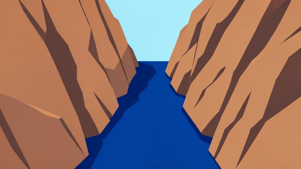 A narrow, deep blue water channel flanked by steep, arid rocky cliffs