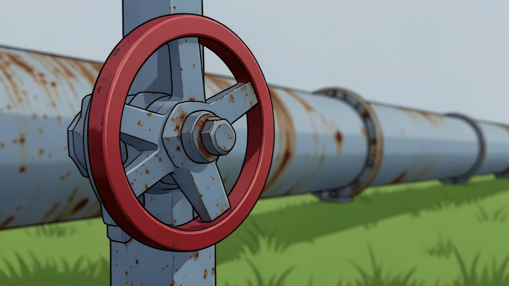 A network of large-diameter steel pipelines running through a rural landscape
