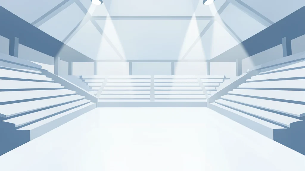 A large, modern stadium interior with empty seating and a polished floor, bathed in bright artificial light.