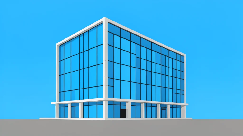 A modern glass office building with a clear blue sky background