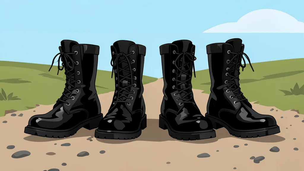 A row of polished black combat boots standing on a dusty gravel road