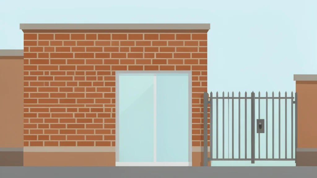 A traditional brick bank facade with a large glass entrance and a metal security gate