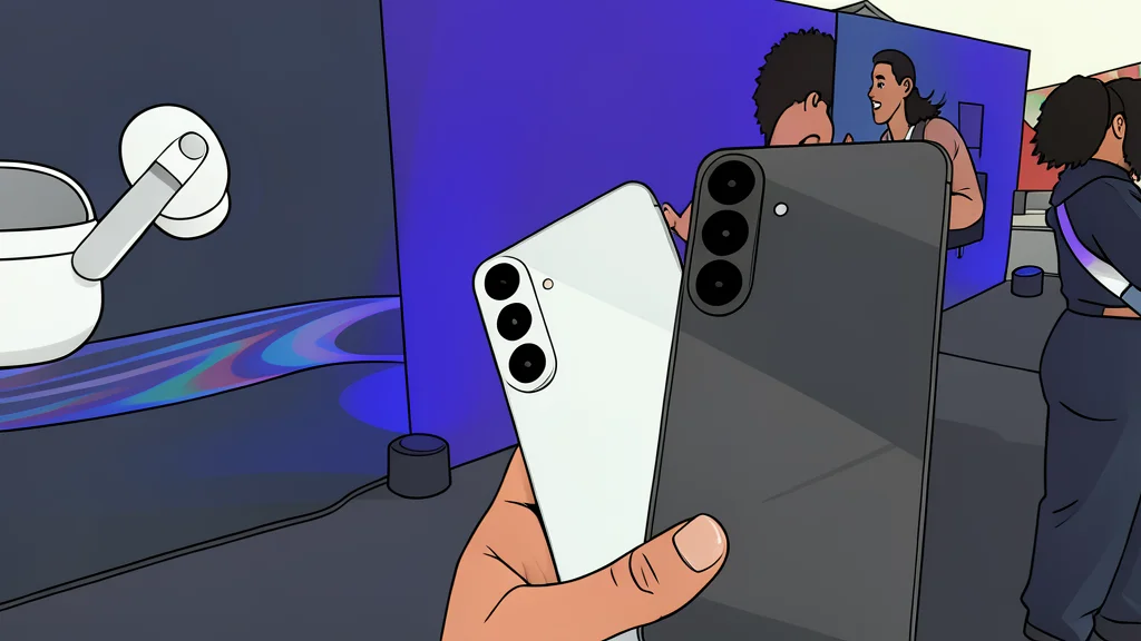 A dense cluster of modern smartphones standing upright on a textured wooden surface, connected by thin, glowing fiber-optic cables that weave through the air like a neural network.