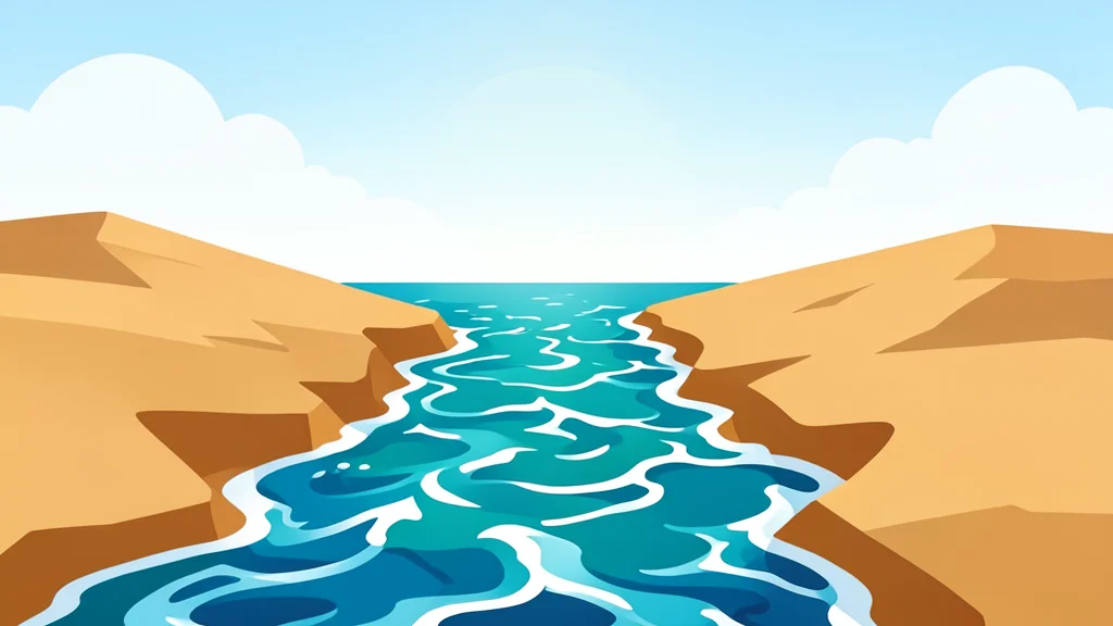 A narrow, turbulent stretch of sea separating two arid landmasses under a bright, hazy sky