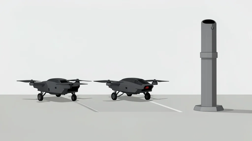 A row of sleek, dark grey unmanned aerial vehicles parked on a concrete tarmac next to a large, cylindrical missile launcher tube.