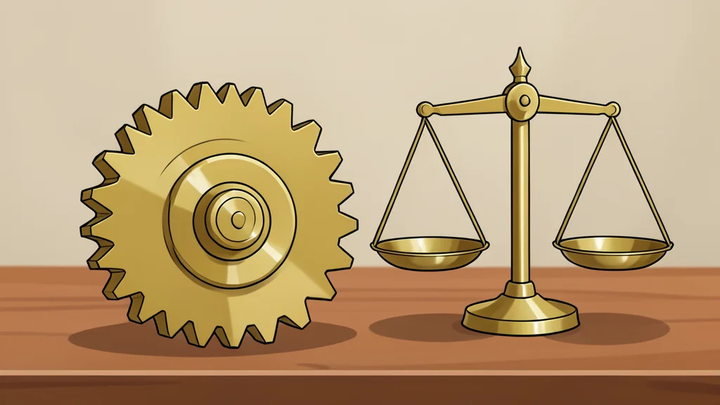 A large brass gear interlocking with a balance scale