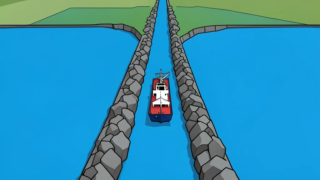 A narrow, rocky strait connecting two large bodies of water with a single oil tanker navigating through the channel