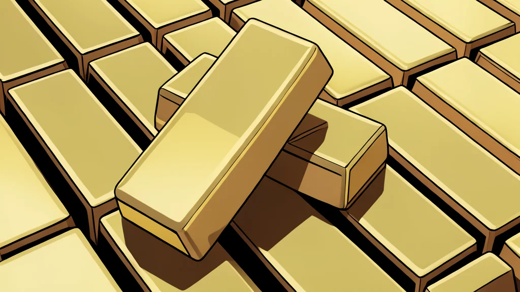 A stack of polished gold bars and a small pile of silver coins on a dark wooden table