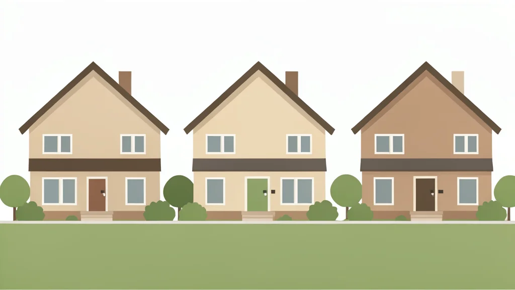A row of suburban houses with pitched roofs and front yards