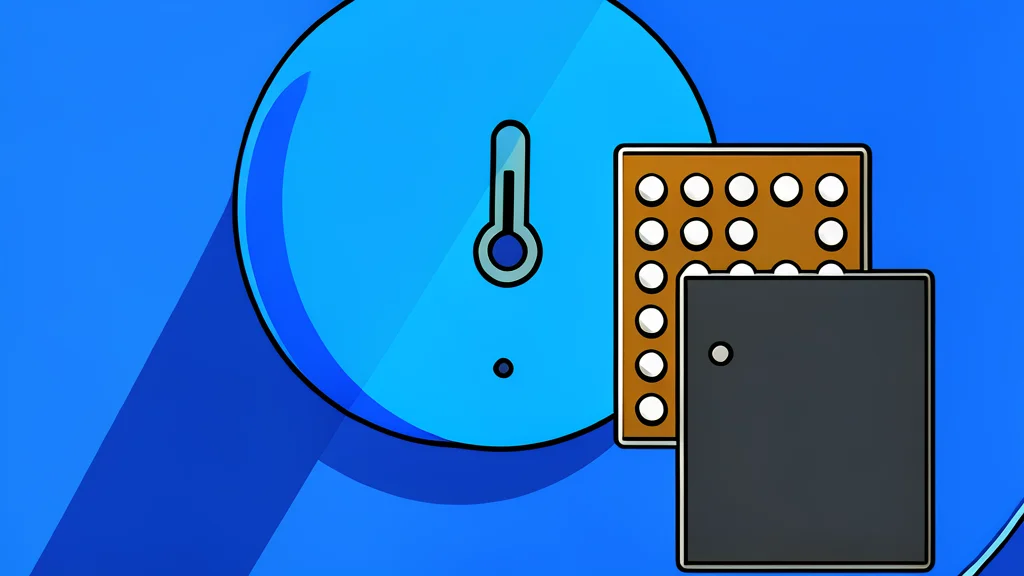 A small, square silicon microchip with metallic contact pads resting on a dark surface