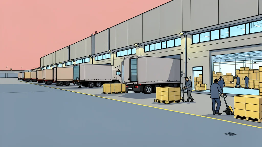 A large brown delivery truck parked on an asphalt road next to a stack of cardboard boxes