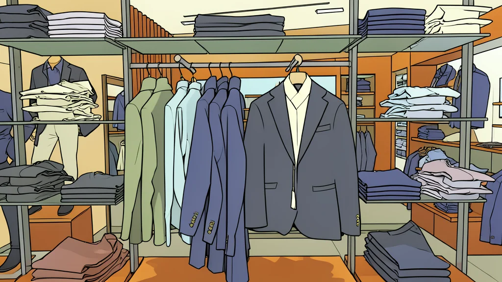 A neatly folded stack of denim jeans and a leather jacket hanging on a wooden rack in a bright, modern clothing store