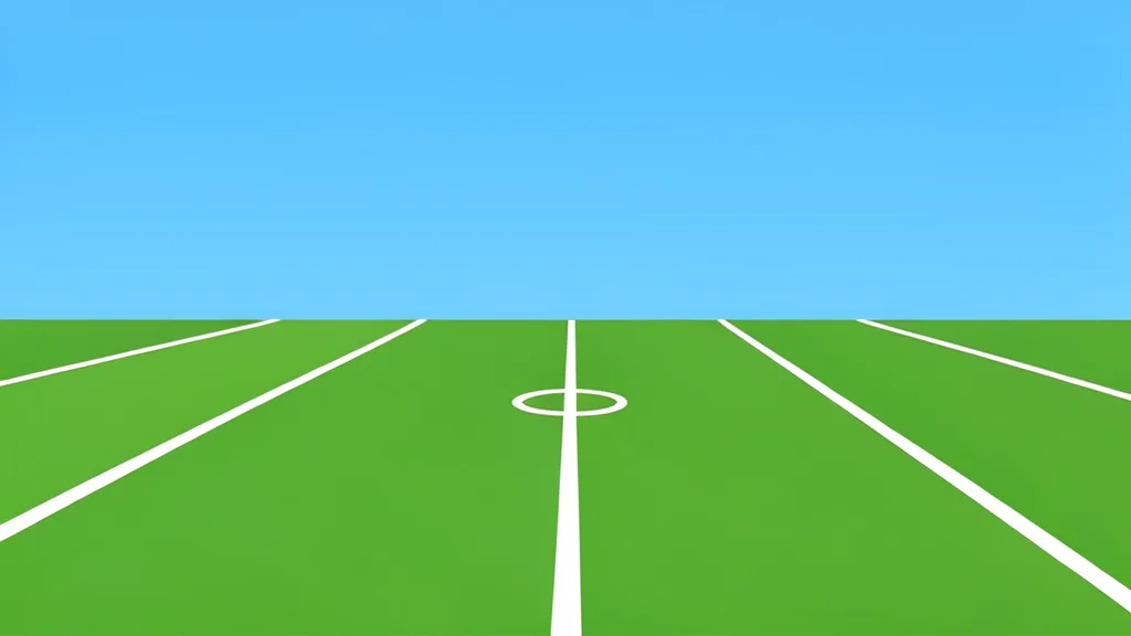 A vast green football field with crisp white yard lines extending toward the horizon under a bright, cloudless blue sky.
