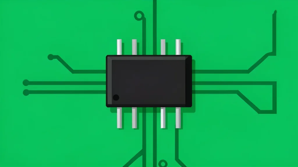 A close-up view of a small, black rectangular electronic component with thin metal legs, resting on a green circuit board.