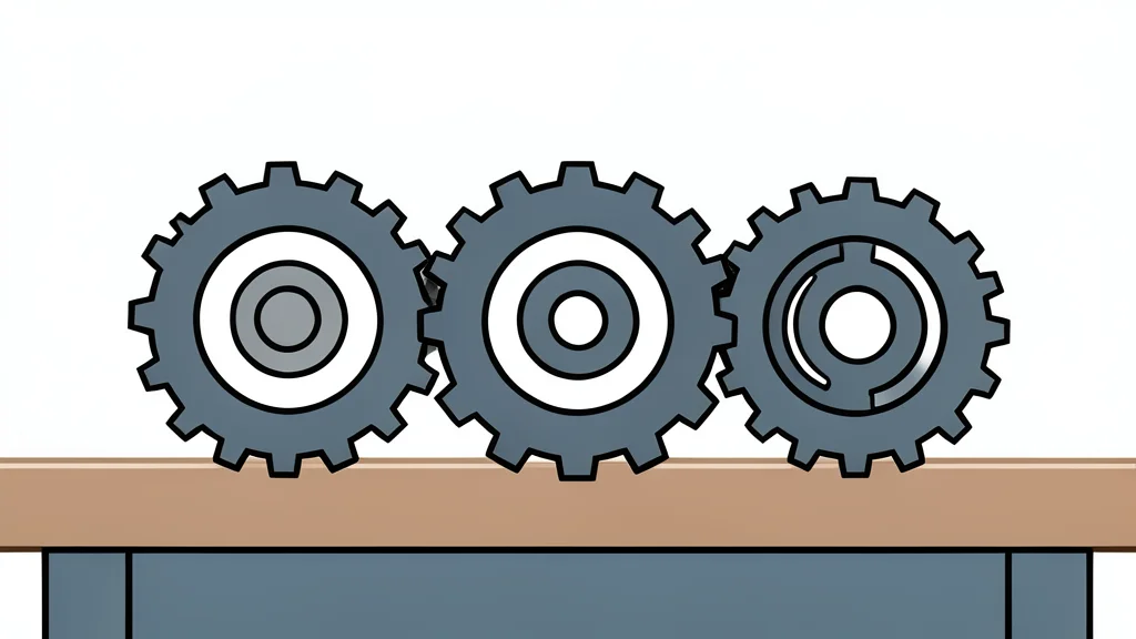 Three distinct mechanical gears interlocking on a workbench surface